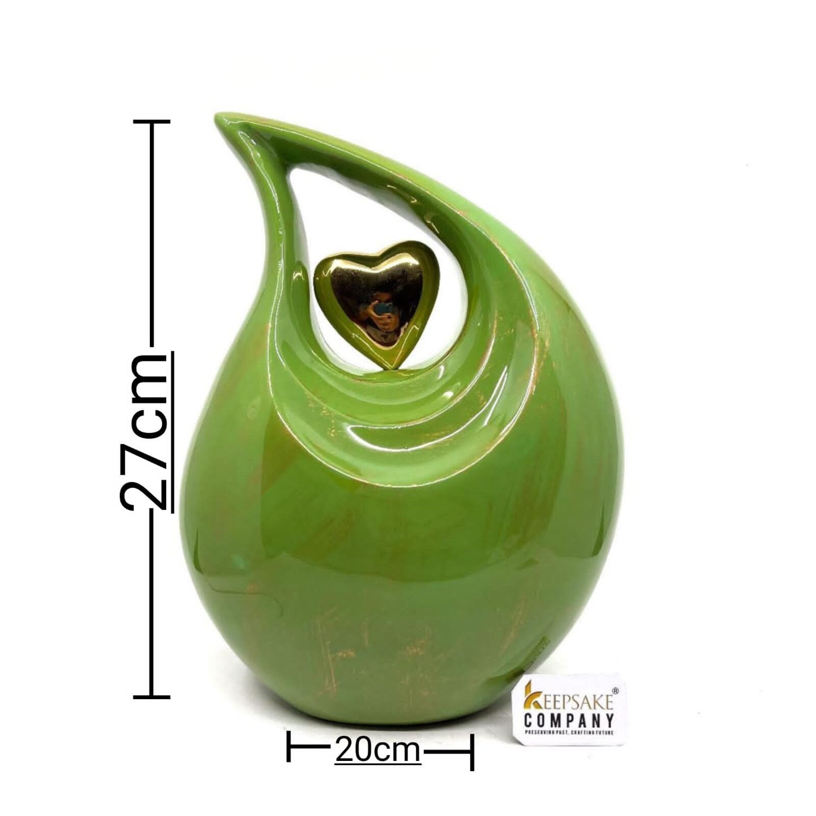 Gorgeous Golden Green Adult teardrop Cremation Urn with Golden heart from Keepsake Company