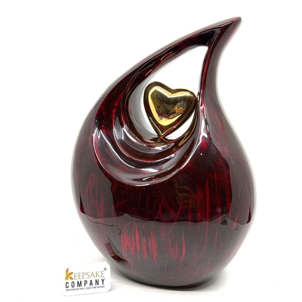 Gorgeous Maroon / Red Adult teardrop Cremation Urn for Human Ashes with Golden heart / Urn for Ashes  from Keepsake Company