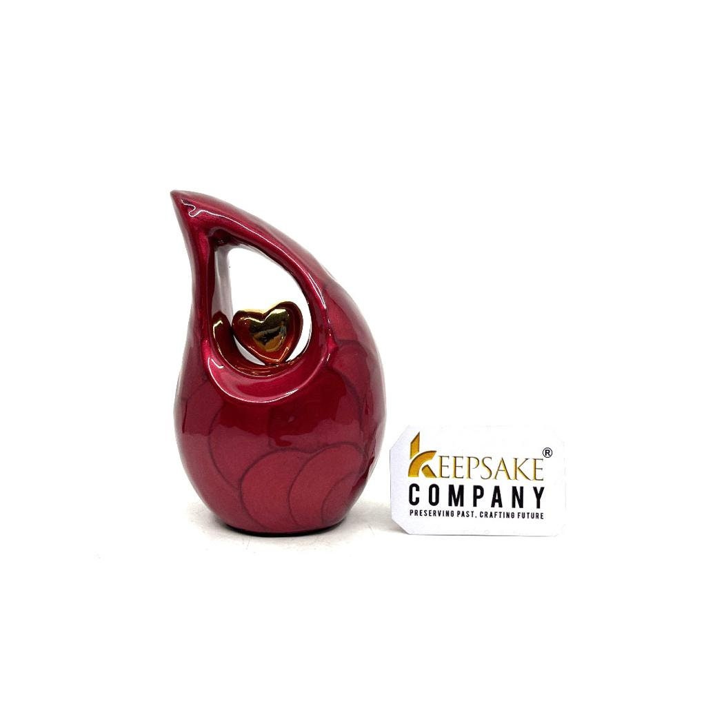 Keepsake Company's Pearl Red teardrop mini Cremation Urn with Gold Plated Heart for Human Ashes - Perfect for Adult and Infants