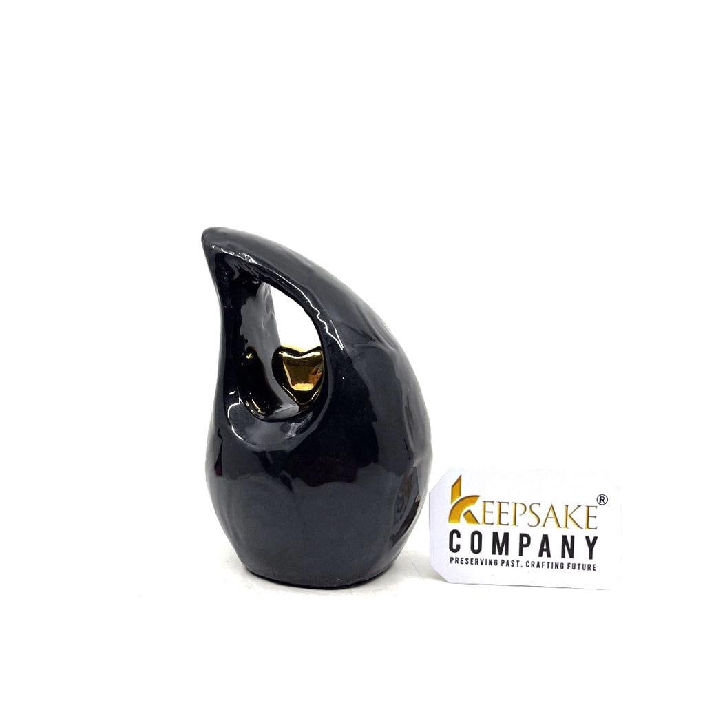 Black teardrop mini Cremation Urn with Gold Plated Heart for Human Ashes from Keepsake Company - Perfect for Adult and Infants