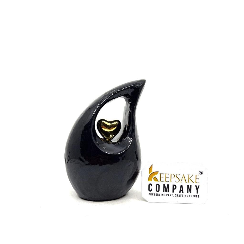 Black teardrop mini Cremation Urn with Gold Heart for Pet Urns - Dog Urn - Pet Memorial Urn - Urns for Pet Ashes - Small Urns for Ashes