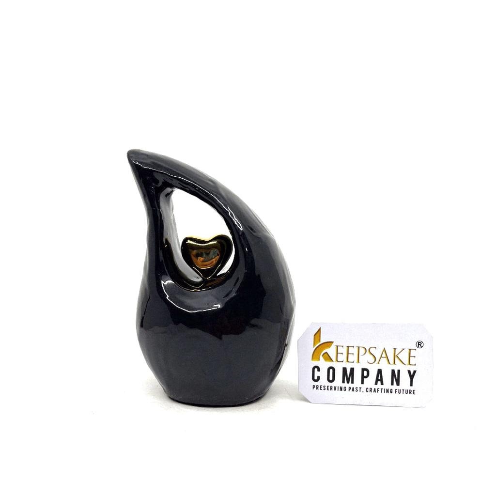 Black teardrop mini Cremation Urn with Gold Plated Heart for Human Ashes from Keepsake Company - Perfect for Adult and Infants