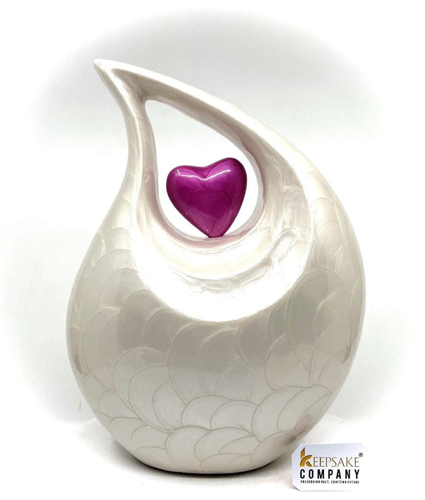 White teardrop Adult Cremation Urn with Pink Heart For Human Ashes, 10 Inches in Height, Capacity 2.5 liters, Memorial Urn, Personalized Urn