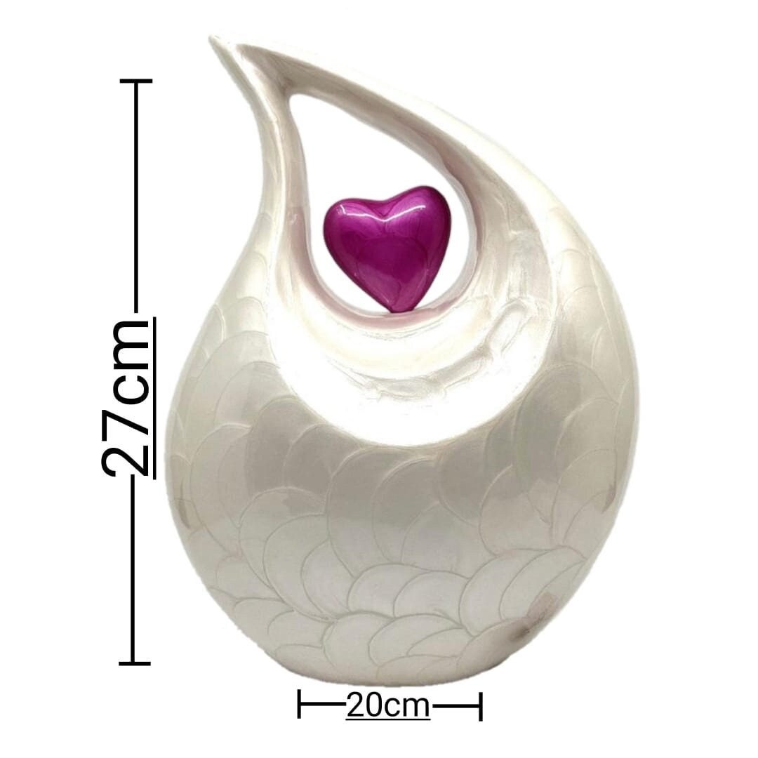 White teardrop Adult Cremation Urn with Pink Heart For Human Ashes, 10 Inches in Height, Capacity 2.5 liters, Memorial Urn, Personalized Urn