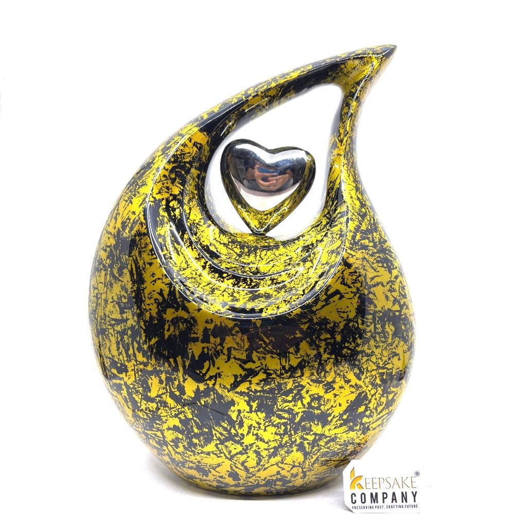 Golden Yellow and Black Color Burst Tie - Dye Adult Teardrop Urn for Human Ashes from Keepsake Company