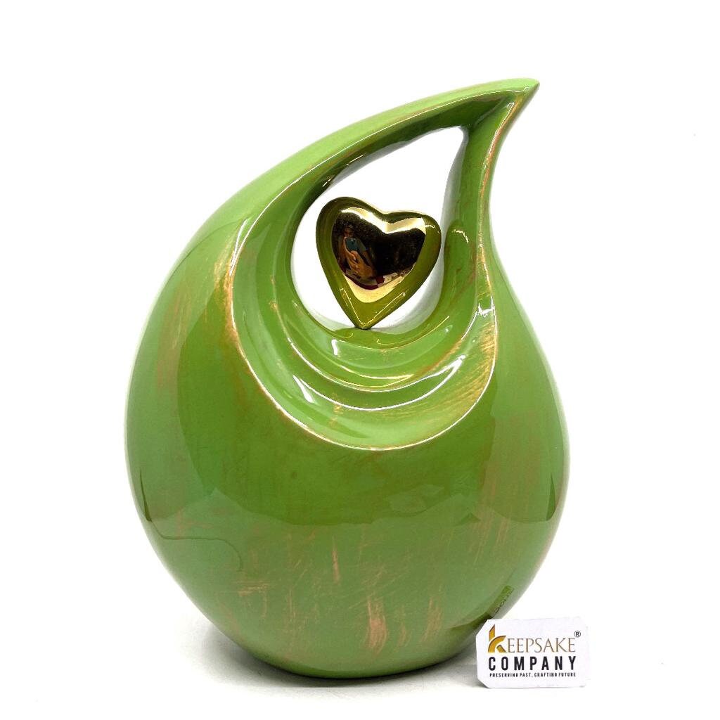 Gorgeous Golden Green Adult teardrop Cremation Urn with Golden heart from Keepsake Company