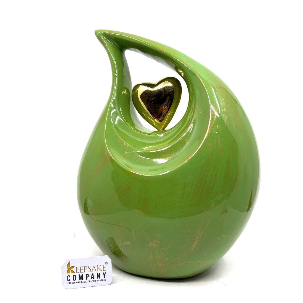 Gorgeous Golden Green Adult teardrop Cremation Urn with Golden heart from Keepsake Company