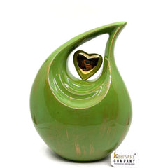 Gorgeous Golden Green Adult teardrop Cremation Urn with Golden heart from Keepsake Company