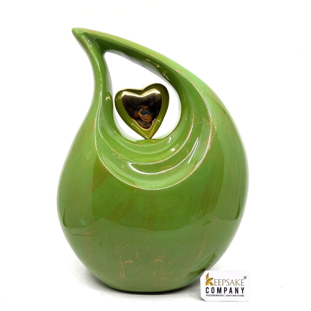 Gorgeous Golden Green Adult teardrop Cremation Urn with Golden heart from Keepsake Company