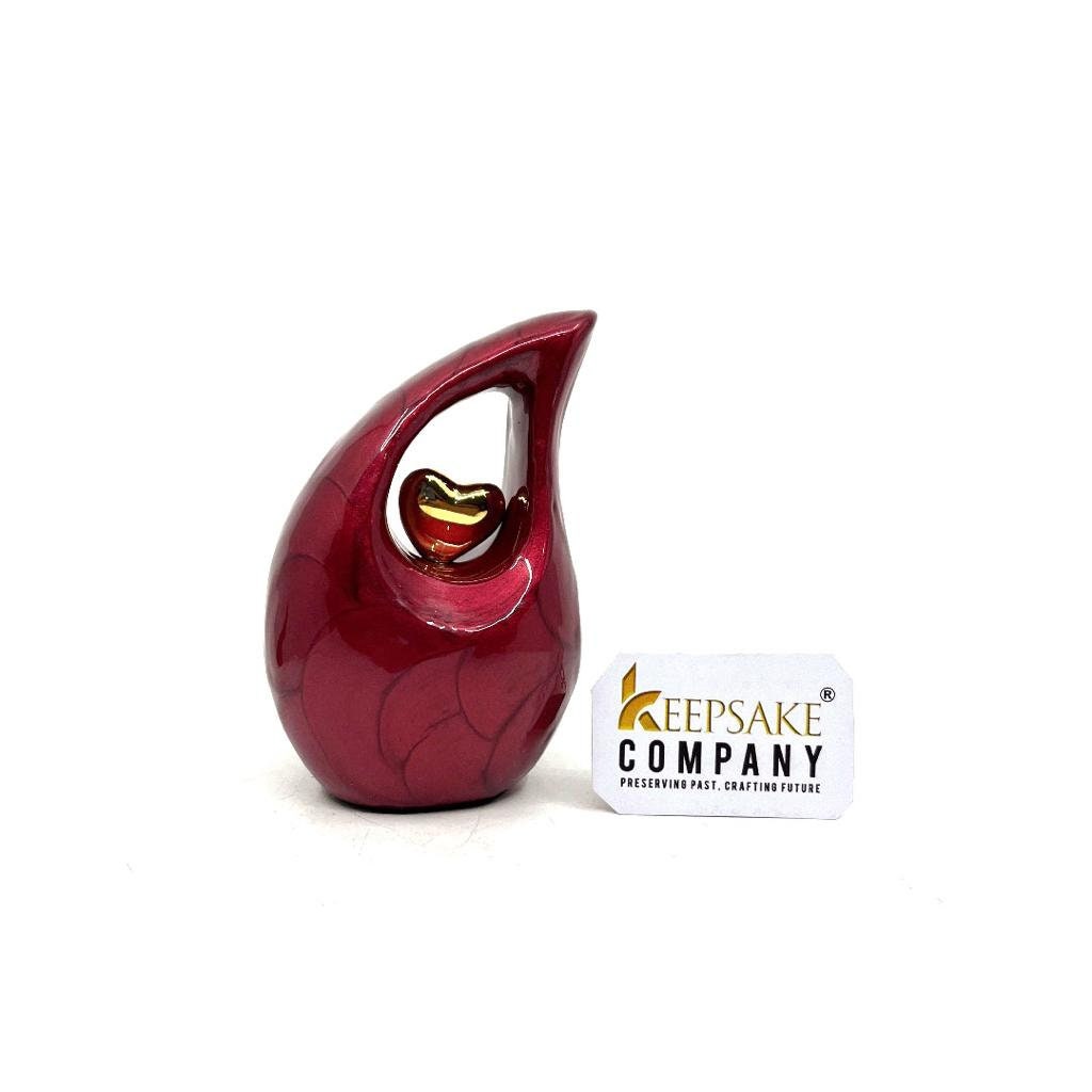 Keepsake Company's Pearl Red teardrop mini Cremation Urn with Gold Plated Heart for Human Ashes - Perfect for Adult and Infants