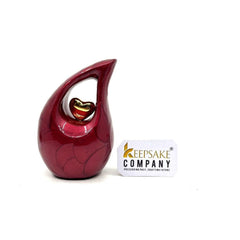 Keepsake Company's Pearl Red teardrop mini Cremation Urn with Gold Plated Heart for Human Ashes - Perfect for Adult and Infants