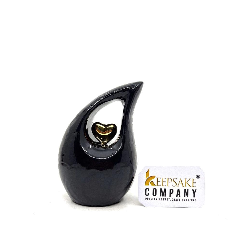 Black teardrop mini Cremation Urn with Gold Plated Heart for Human Ashes from Keepsake Company - Perfect for Adult and Infants