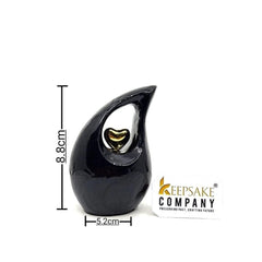 Black teardrop mini Cremation Urn with Gold Plated Heart for Human Ashes from Keepsake Company - Perfect for Adult and Infants