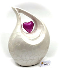 White teardrop Adult Cremation Urn with Pink Heart For Human Ashes, 10 Inches in Height, Capacity 2.5 liters, Memorial Urn, Personalized Urn