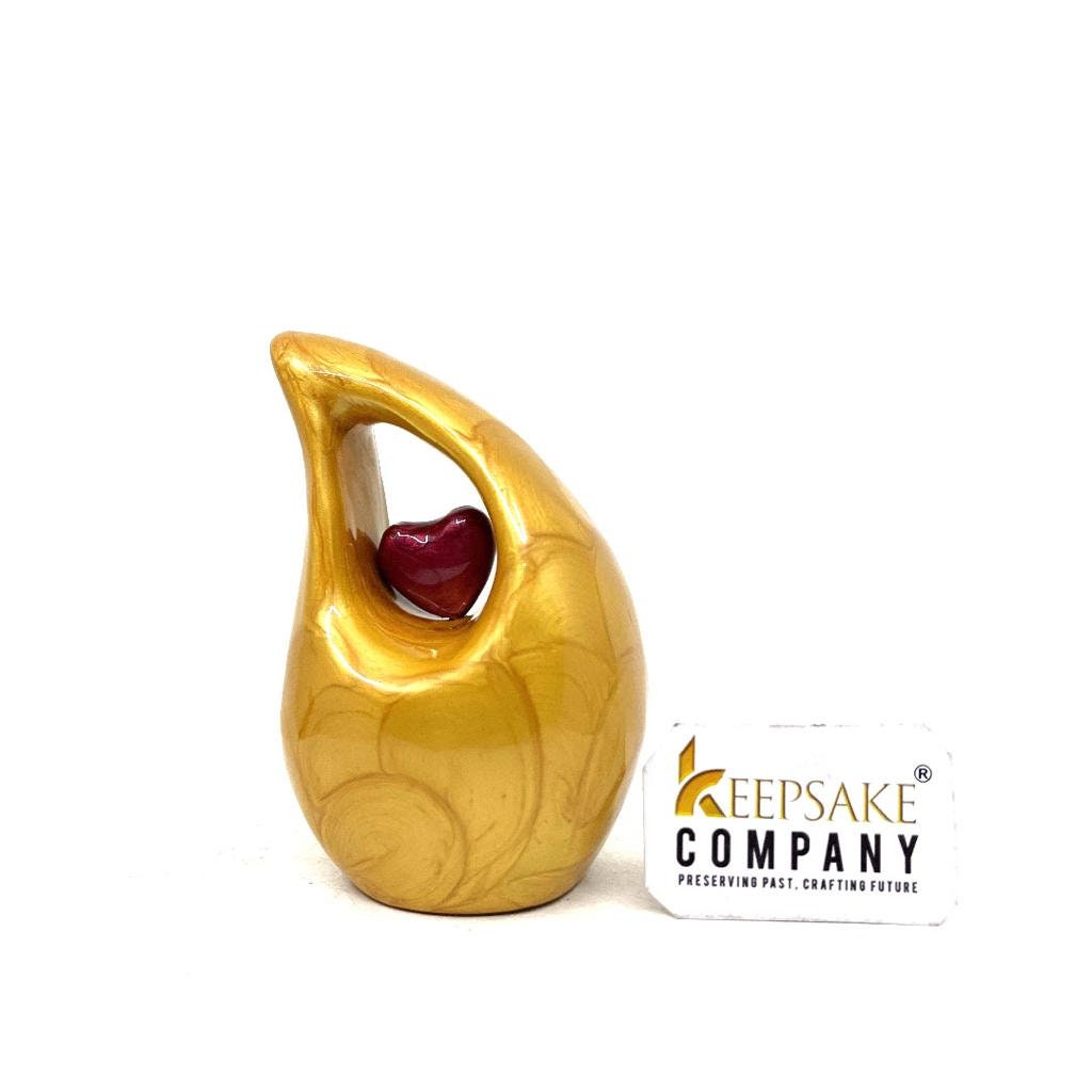 Glittering Gold / Yellow / Pale Teardrop mini Cremation Urn with Red Heart for Ashes by Keepsake Company