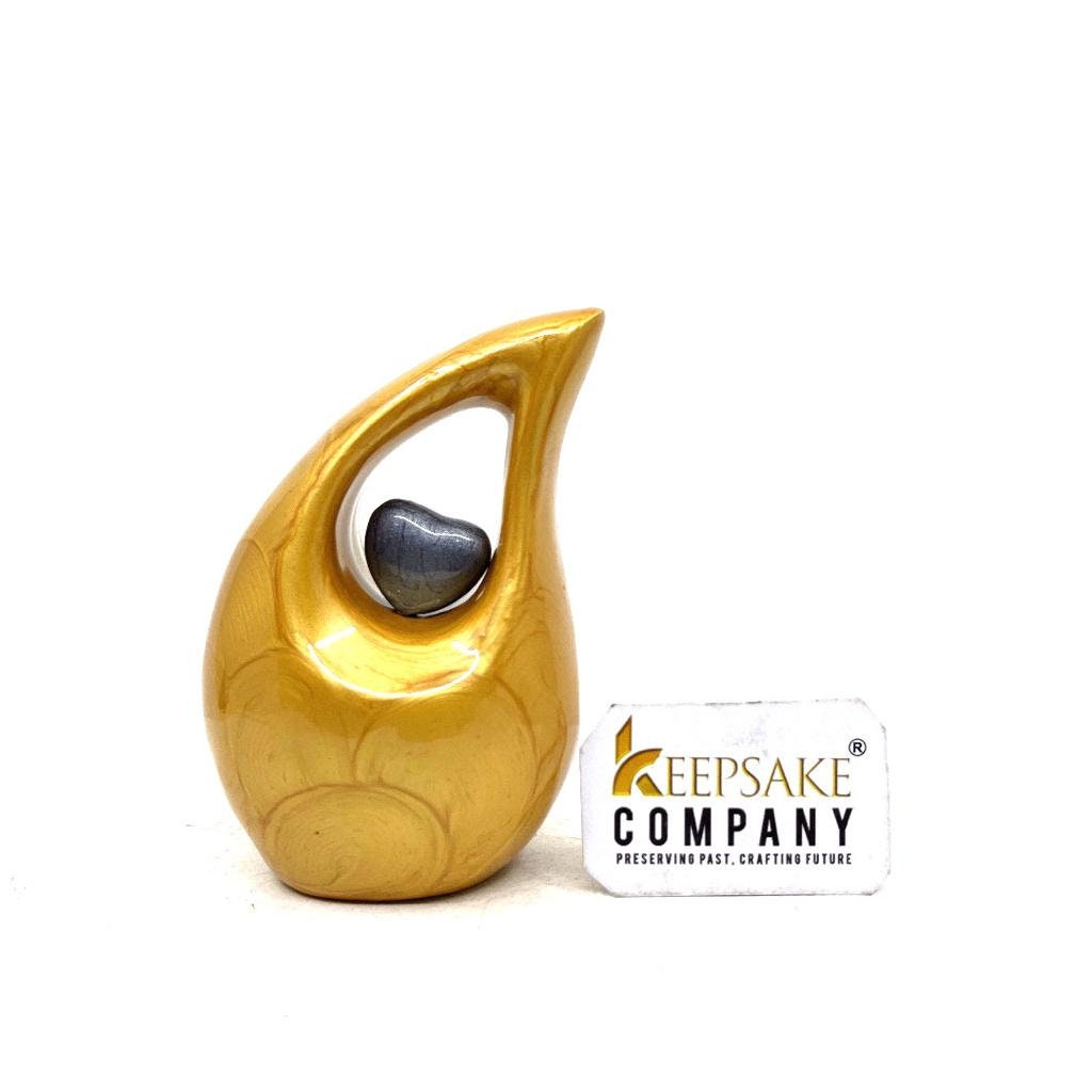 Glittering Gold / Yellow / Pale Teardrop mini Cremation Urn with Grey Heart for Ashes by Keepsake Company