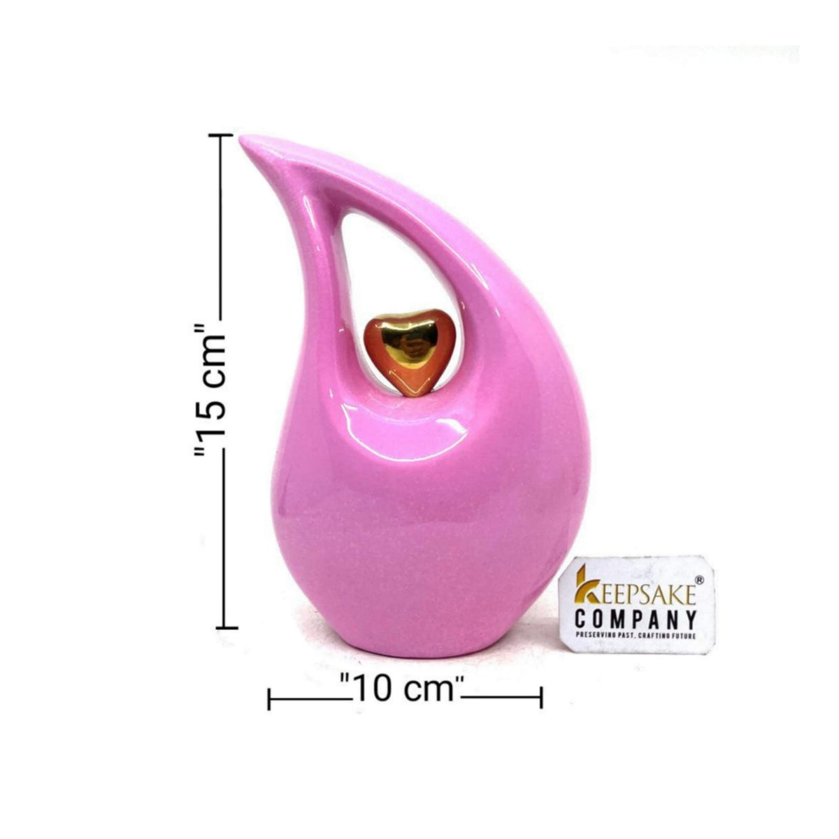 Pink Teardrop Cremation Urn for Human Ashes  with Golden Heart in Medium size (6 Inches/ 15 centimeters) Urn - Memorial Urn - Small Urn