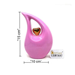 Pink Teardrop Cremation Urn for Human Ashes  with Golden Heart in Medium size (6 Inches/ 15 centimeters) Urn - Memorial Urn - Small Urn