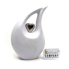 White matt Teardrop Cremation Urn  with Silver Heart in Medium size (6 Inches/ 15 centimeters) height - Urn for Human Ashes - Memorial Urn