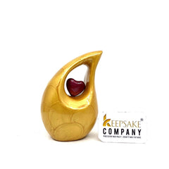 Glittering Gold / Yellow / Pale Teardrop mini Cremation Urn with Red Heart for Ashes by Keepsake Company