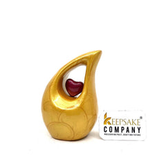 Glittering Gold / Yellow / Pale Teardrop mini Cremation Urn with Red Heart for Ashes by Keepsake Company