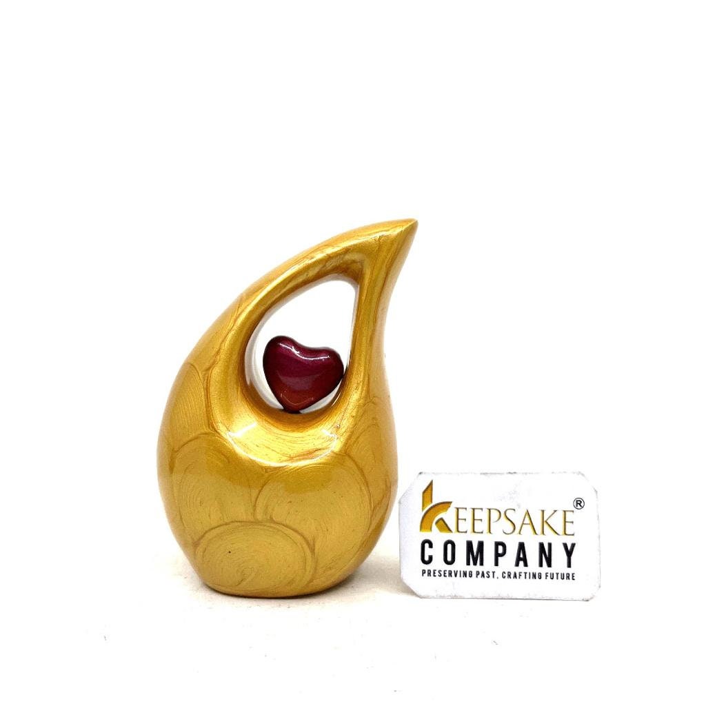 Glittering Gold / Yellow / Pale Teardrop mini Cremation Urn with Red Heart for Ashes by Keepsake Company