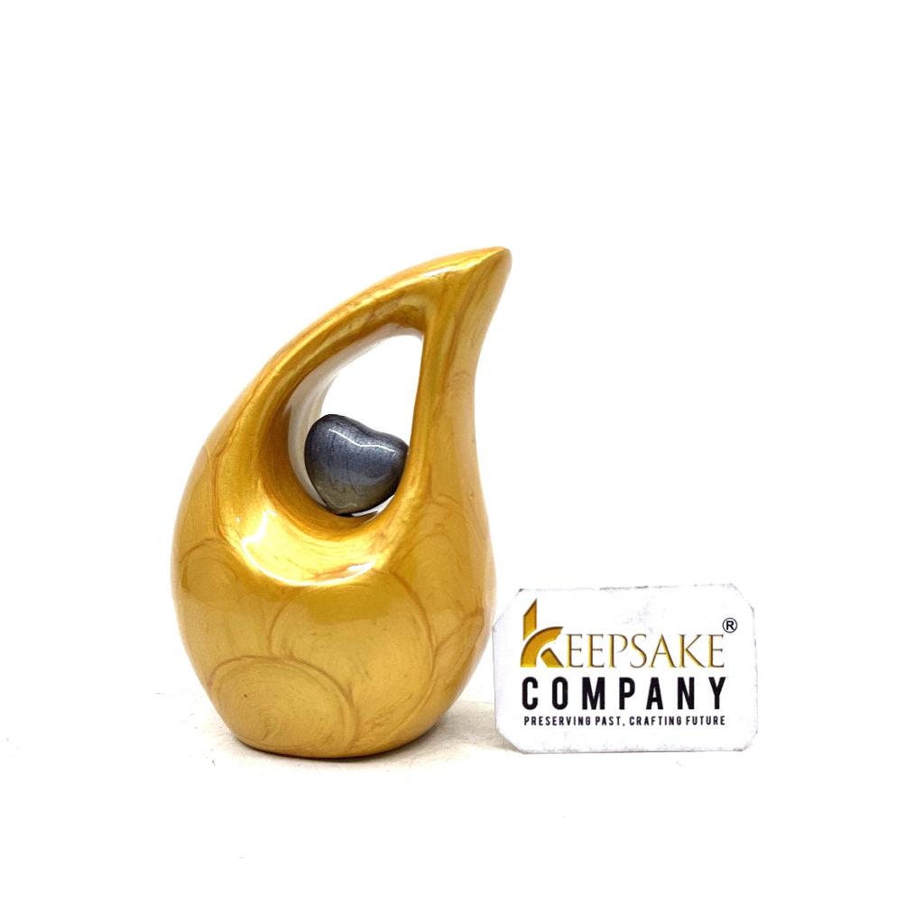 Glittering Gold / Yellow / Pale Teardrop mini Cremation Urn with Grey Heart for Ashes by Keepsake Company