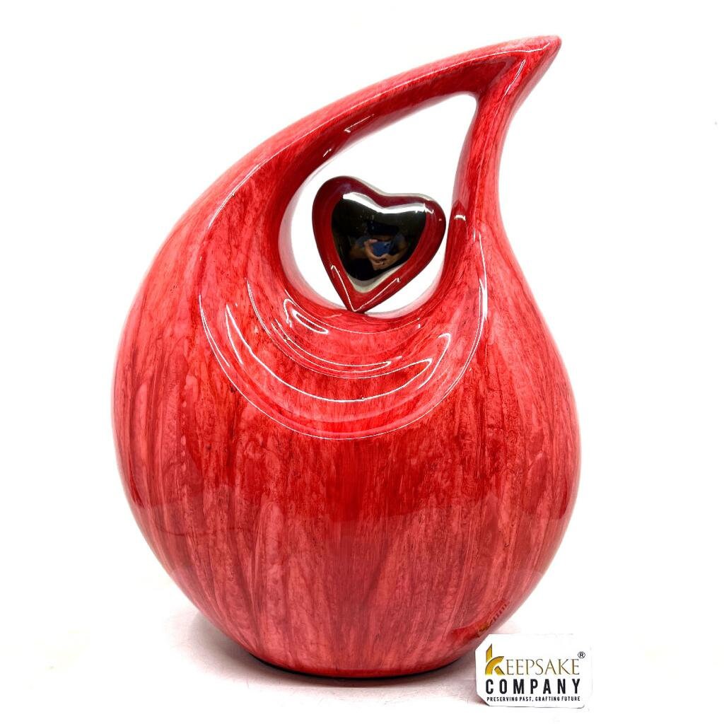 Red Textured  Adult Teardrop Cremation Urn with Silver heart For Human Ashes from Keepsake Company