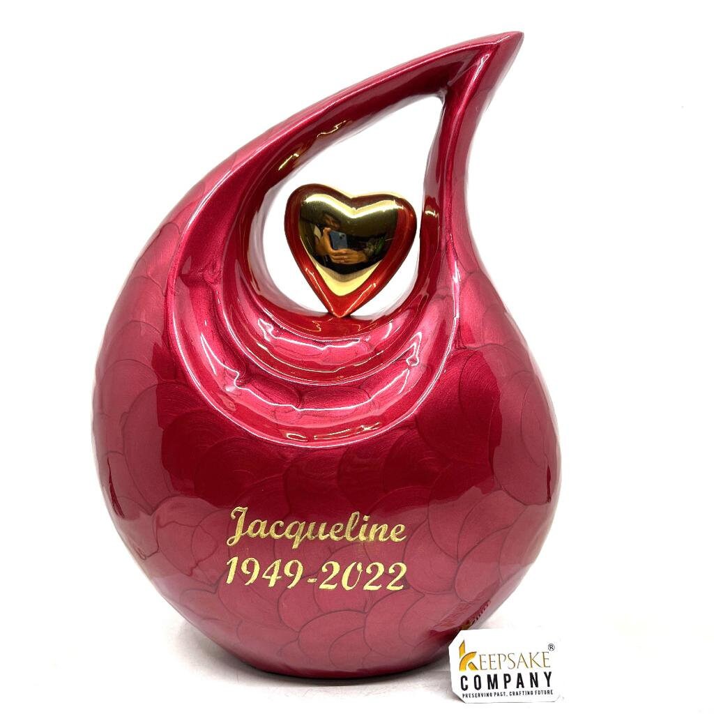 Red teardrop Cremation Urn with 24 carats Gold plated heart - Urns For Human Ashes - Urn For Ashes - Memorial Urn - Keepsake urns for Ashes