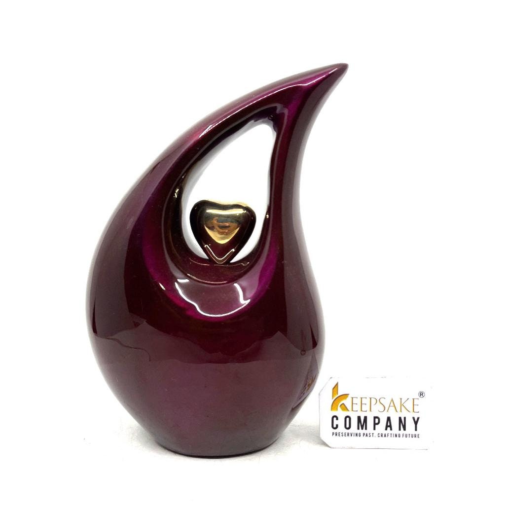 Maroon Teardrop metal Cremation Urn  with Golden Heart in Medium size (6 Inches/ 15 centimetres) height From Keepsake Company