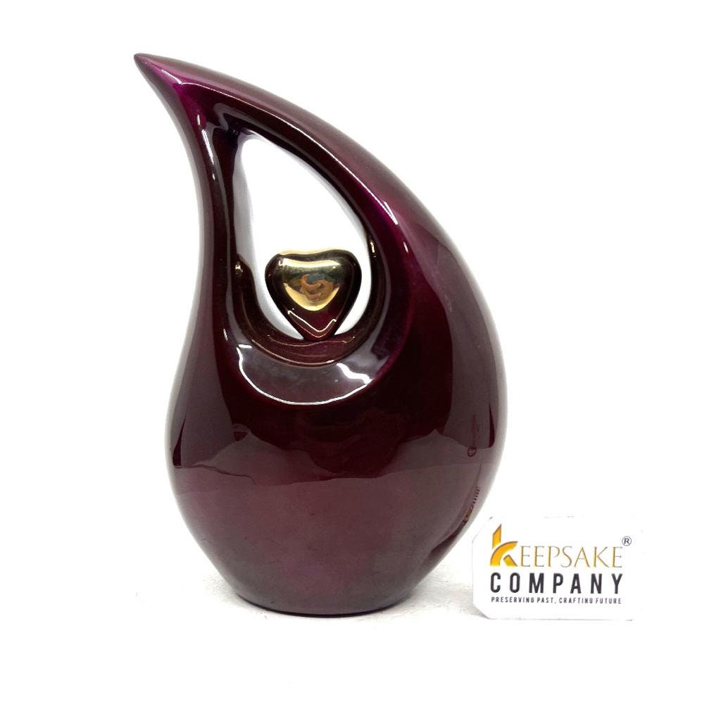 Maroon Teardrop metal Cremation Urn  with Golden Heart in Medium size (6 Inches/ 15 centimetres) height From Keepsake Company