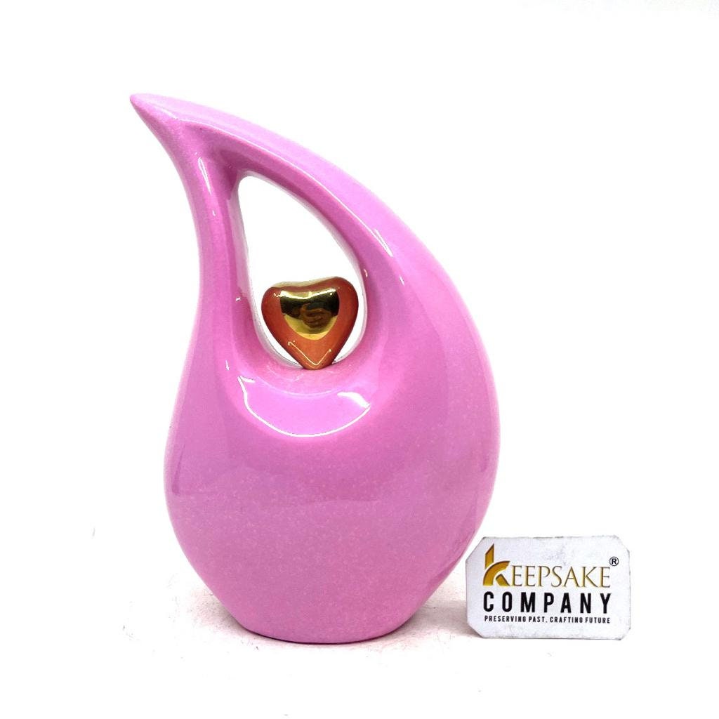 Pink Teardrop Cremation Urn for Human Ashes  with Golden Heart in Medium size (6 Inches/ 15 centimeters) Urn - Memorial Urn - Small Urn