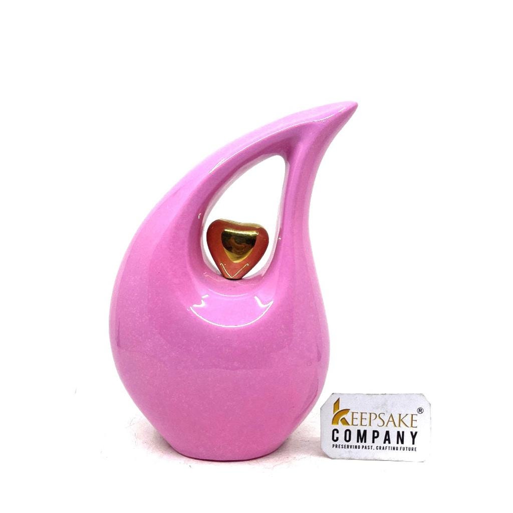 Pink Teardrop Cremation Urn for Human Ashes  with Golden Heart in Medium size (6 Inches/ 15 centimeters) Urn - Memorial Urn - Small Urn