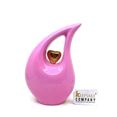 Pink Teardrop Cremation Urn for Human Ashes  with Golden Heart in Medium size (6 Inches/ 15 centimeters) Urn - Memorial Urn - Small Urn