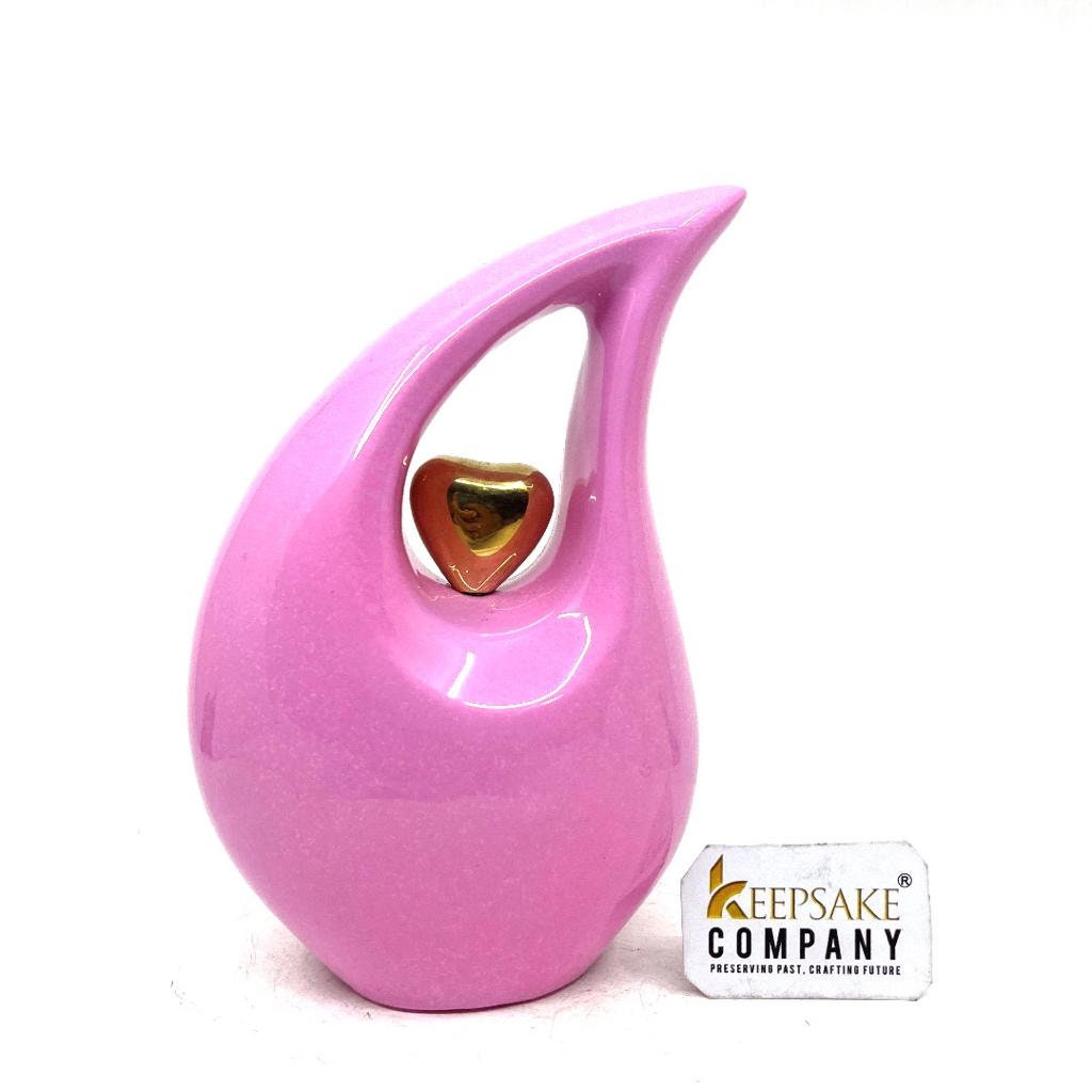 Pink Teardrop Cremation Urn for Human Ashes  with Golden Heart in Medium size (6 Inches/ 15 centimeters) Urn - Memorial Urn - Small Urn