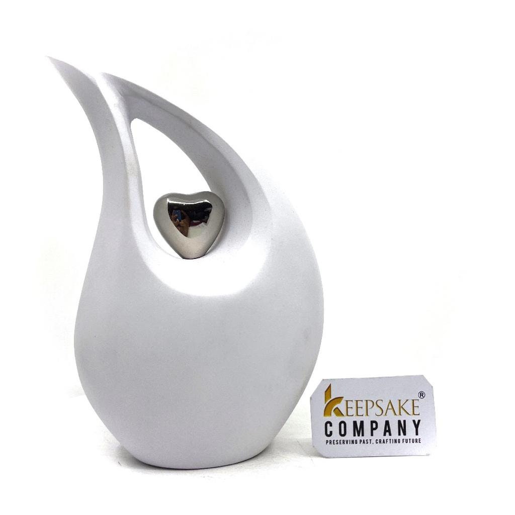 White matt Teardrop Cremation Urn  with Silver Heart in Medium size (6 Inches/ 15 centimeters) height - Urn for Human Ashes - Memorial Urn