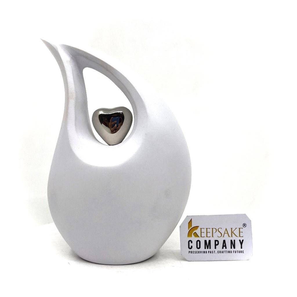 White matt Teardrop Cremation Urn  with Silver Heart in Medium size (6 Inches/ 15 centimeters) height - Urn for Human Ashes - Memorial Urn