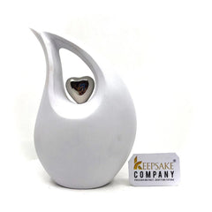 White matt Teardrop Cremation Urn  with Silver Heart in Medium size (6 Inches/ 15 centimeters) height - Urn for Human Ashes - Memorial Urn