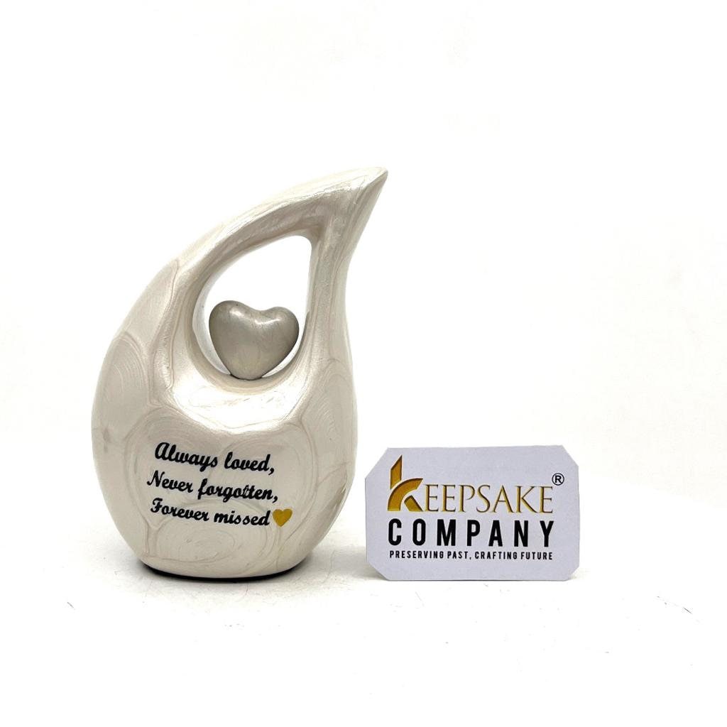 Pearl White teardrop Mini Cremation Urn with White Heart (Small Urns for Human Ashes / Mini Urns for Human Ashes) from Keepsake Company