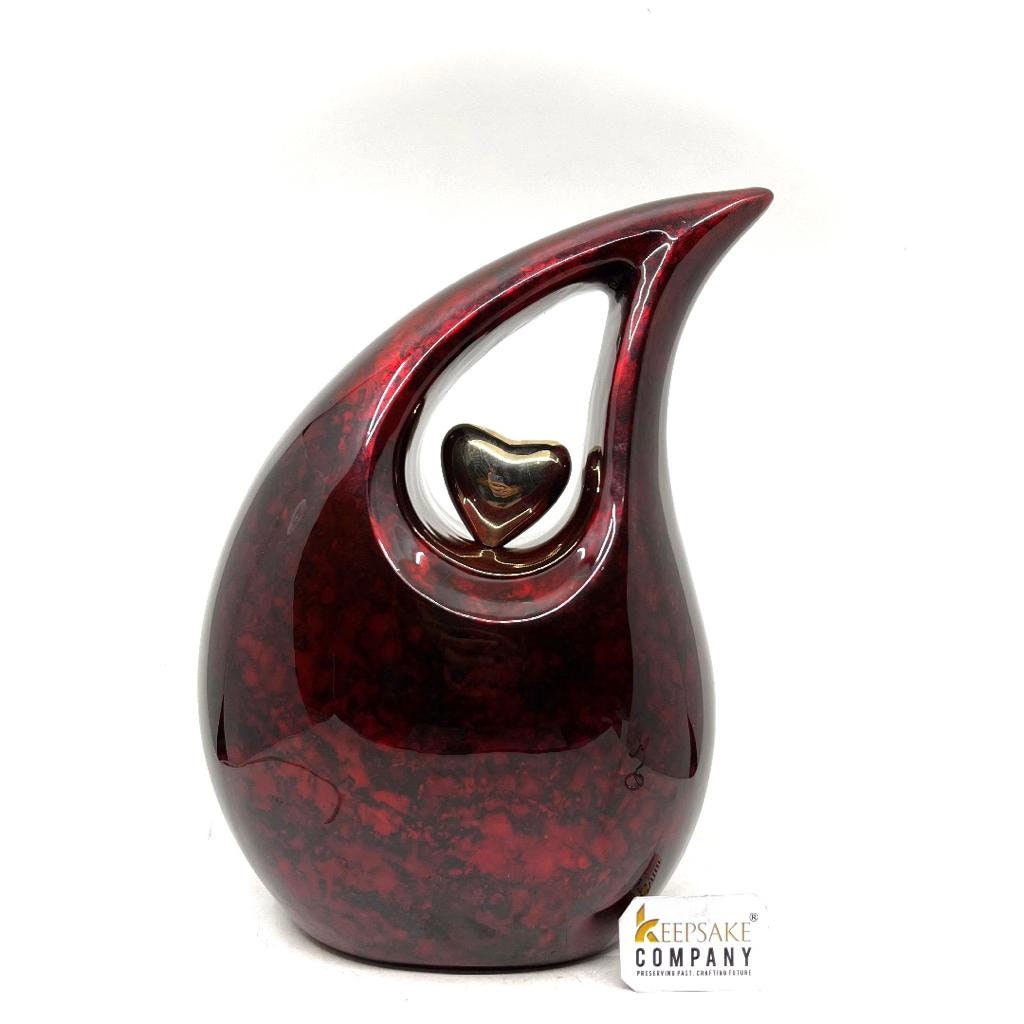 Premium Maroon Black  Adult teardrop Cremation Urn with Golden heart for Human Ashes from Keepsake Company - Personalized Urn - Memorial Urn