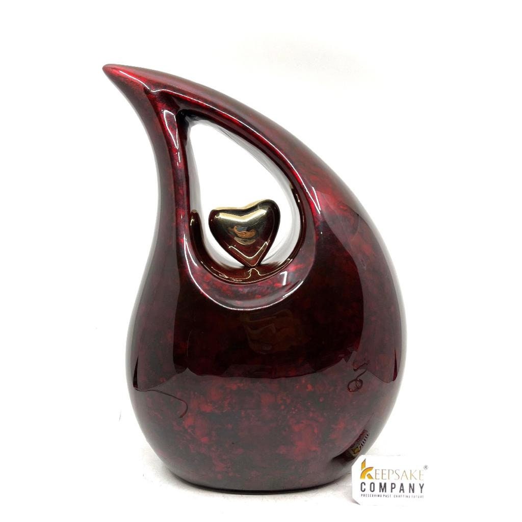 Premium Maroon Black  Adult teardrop Cremation Urn with Golden heart for Human Ashes from Keepsake Company - Personalized Urn - Memorial Urn