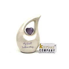 Pearl white teardrop mini Cremation Urn with Purple Heart - Small Urn For Ashes - Miniature Keepsake Urn - Funeral Urn - Memorial Urn