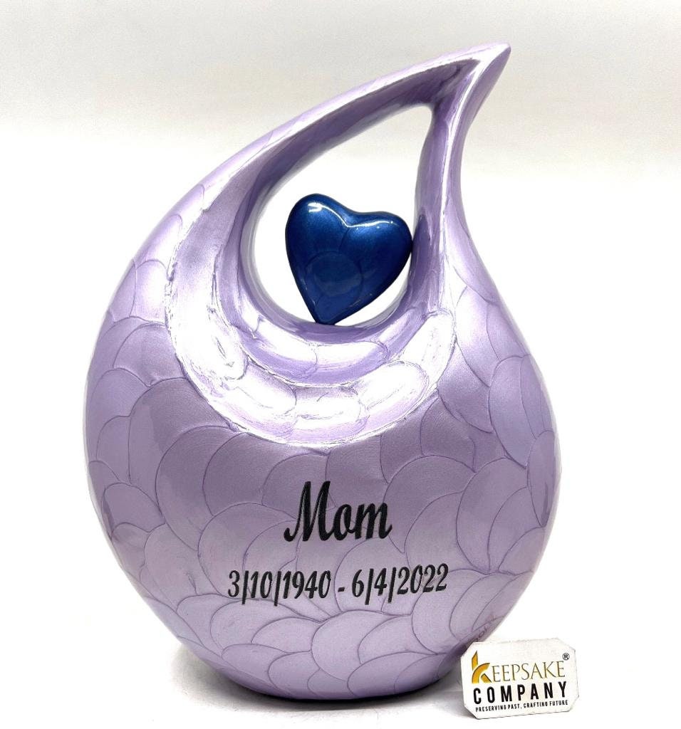 Purple Teardrop Enamel Adult Cremation Urn with Dark Blue Heart For Human Ashes - Can be Engraved in different Colours from Keepsake Company