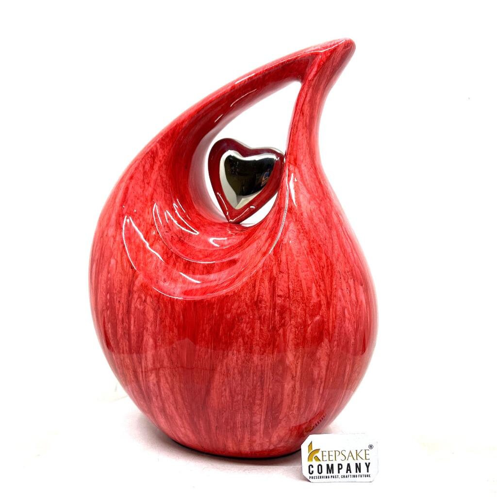 Red Textured  Adult Teardrop Cremation Urn with Silver heart For Human Ashes from Keepsake Company