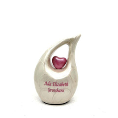 Pearl white teardrop mini Cremation Urn with Pink Heart for Human Ashes - Perfect for Adult and Infants from Keepsake Company