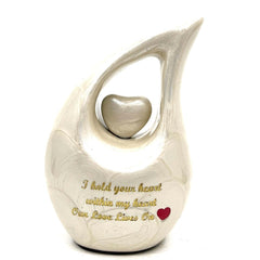 Pearl White teardrop Mini Cremation Urn with White Heart (Small Urns for Human Ashes / Mini Urns for Human Ashes) from Keepsake Company