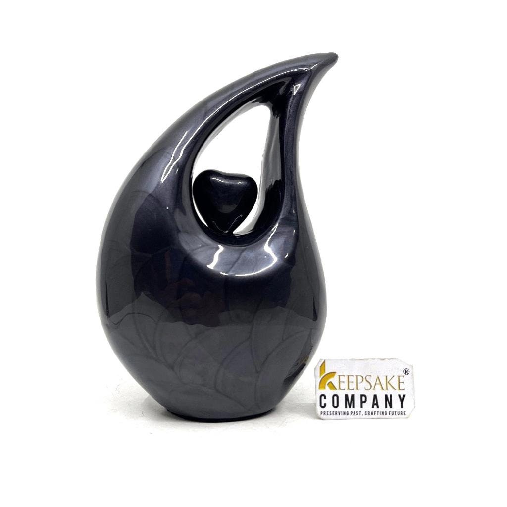 Black Pearl Teardrop metal Cremation Urn  with Black Heart in Medium size (6 Inches/ 15 centimetres) height From Keepsake Company