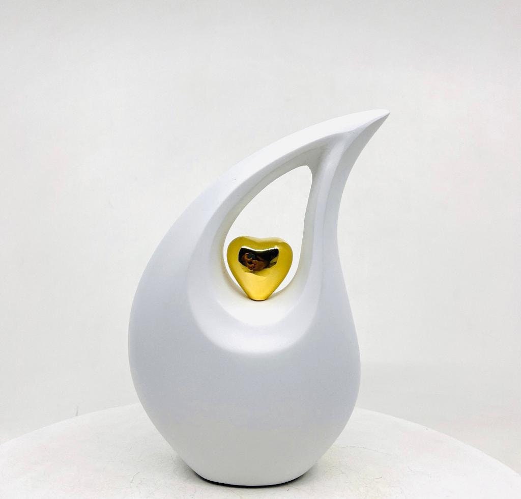 White matt  Teardrop metal Cremation Urn  with Golden Heart in Medium size (6 Inches/ 15 centimeters) height - Urn For Ashes - Ash Urn