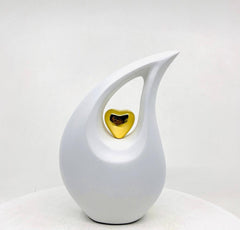 White matt  Teardrop metal Cremation Urn  with Golden Heart in Medium size (6 Inches/ 15 centimeters) height - Urn For Ashes - Ash Urn