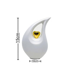White matt  Teardrop metal Cremation Urn  with Golden Heart in Medium size (6 Inches/ 15 centimeters) height - Urn For Ashes - Ash Urn